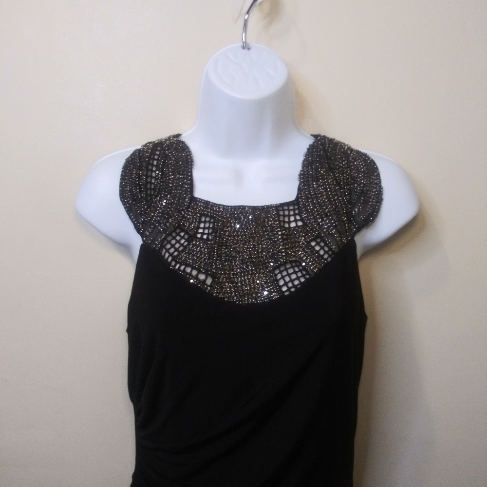 David Meister Black Beaded Collar, Ruched Waist Evening Gown - Picture 2 of 13